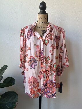 Democracy Pink Paisley Floral Button-Front Blouse
